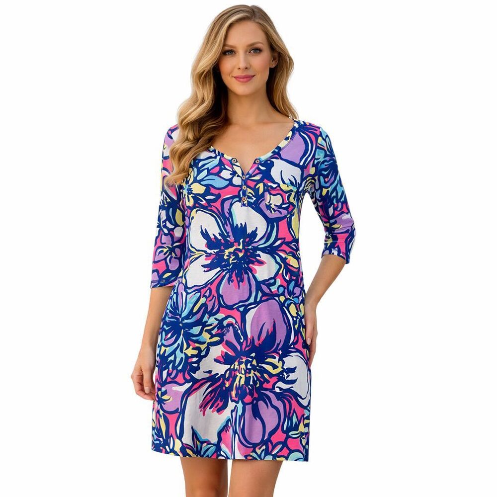 Lilly Pulitzer Dress Womens Small Blue Pink Floral Pima Cotton T Shirt Shift